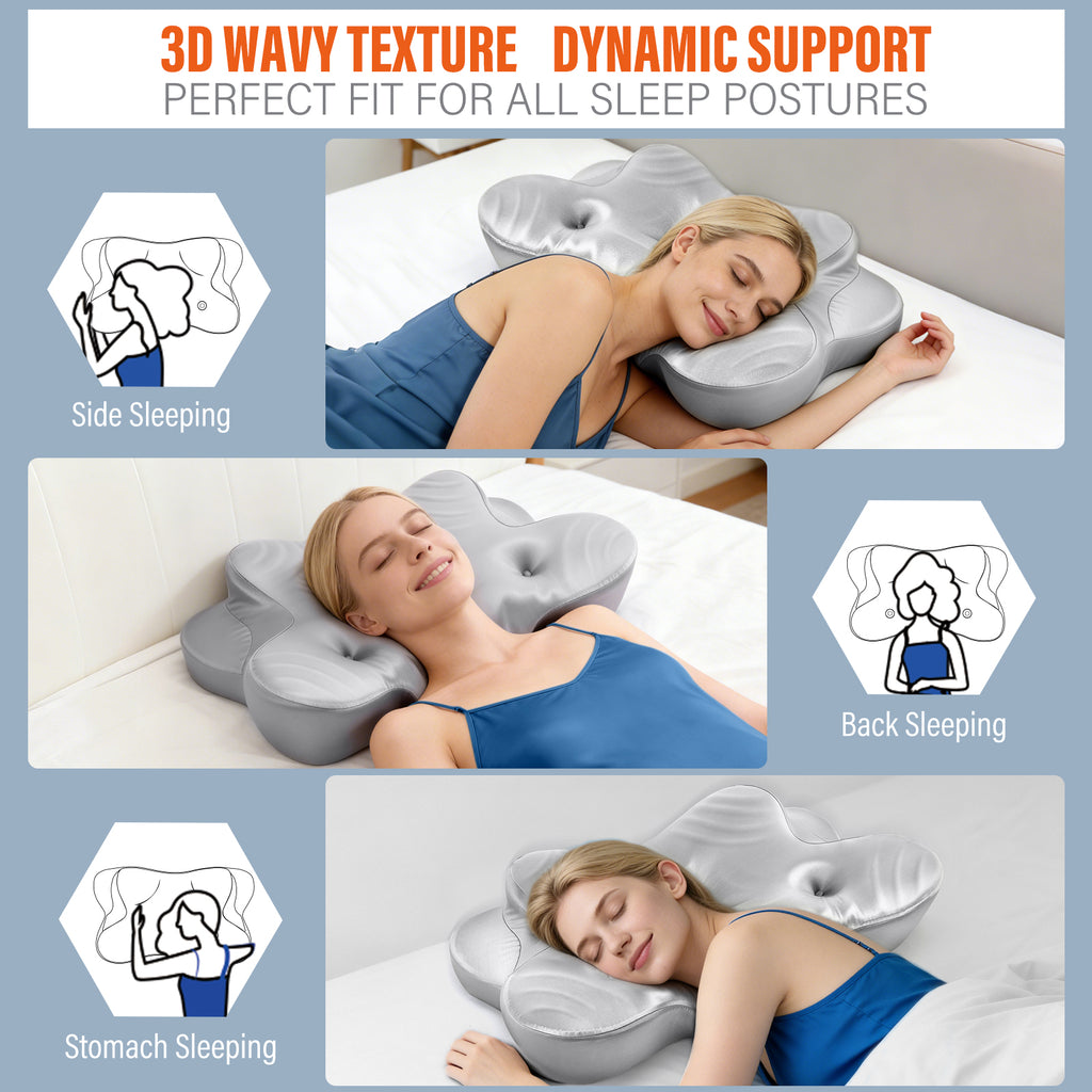CCidea Dual Ear Relief Zone Contour Pillow, Ice Silk Satin Cervical Memory Foam Pillow for Sleeping, Ergonomic Neck Support for Side, Back & Stomach Sleepers
