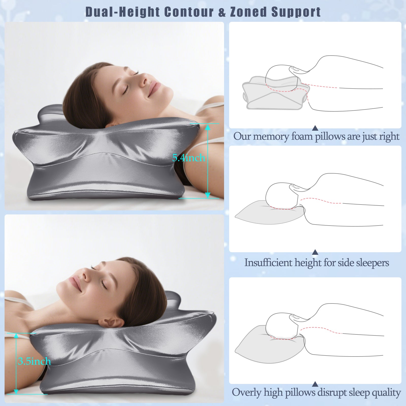 CCidea Cervical Neck Pillow for Sleeping, Ergonomic Memory Foam Neck Support Pillow with Dual Height, CCidea Cooling Satin Breathable Pillowcase,Contour Pillow for Side Back Stomach Sleepers, Odorless
