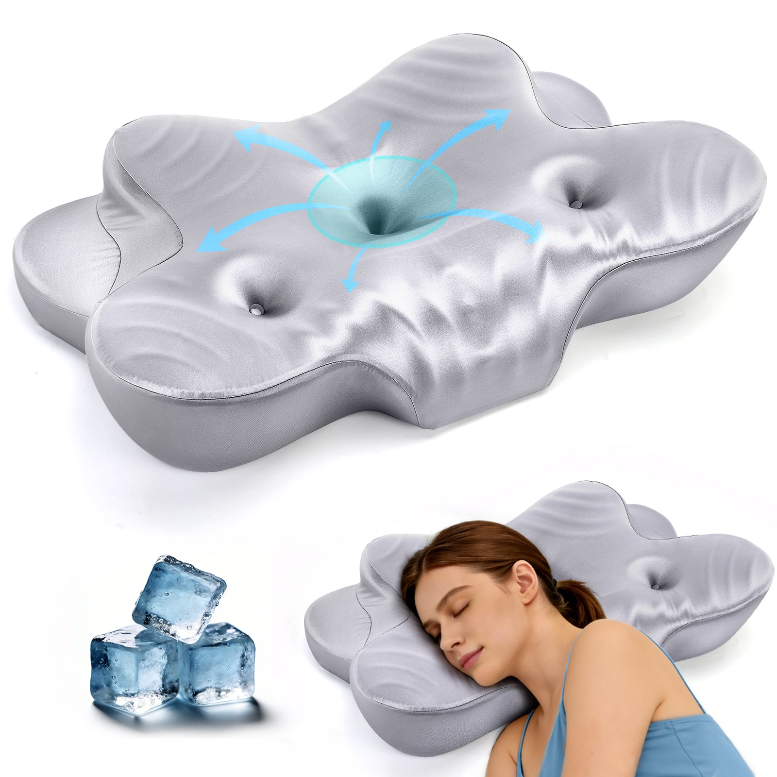 CCidea Dual Ear Relief Zone Contour Pillow, Ice Silk Satin Cervical Memory Foam Pillow for Sleeping, Ergonomic Neck Support for Side, Back & Stomach Sleepers
