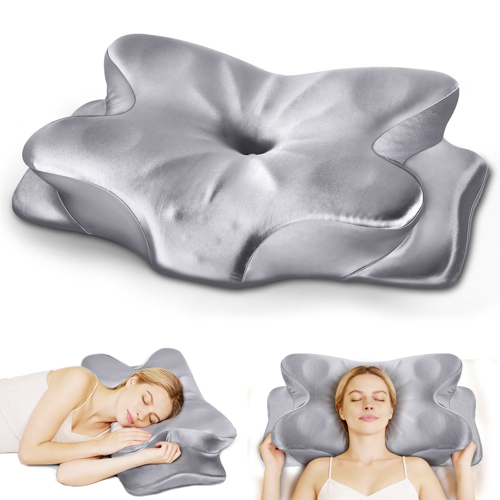 CCidea Cervical Neck Pillow for Sleeping, Ergonomic Memory Foam Neck Support Pillow with Dual Height, CCidea Cooling Satin Breathable Pillowcase,Contour Pillow for Side Back Stomach Sleepers, Odorless