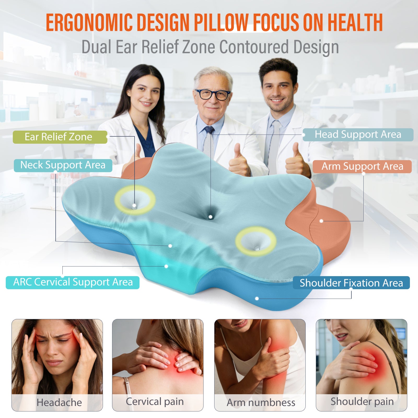 CCidea Dual Ear Relief Zone Contour Pillow, Ice Silk Satin Cervical Memory Foam Pillow for Sleeping, Ergonomic Neck Support for Side, Back & Stomach Sleepers