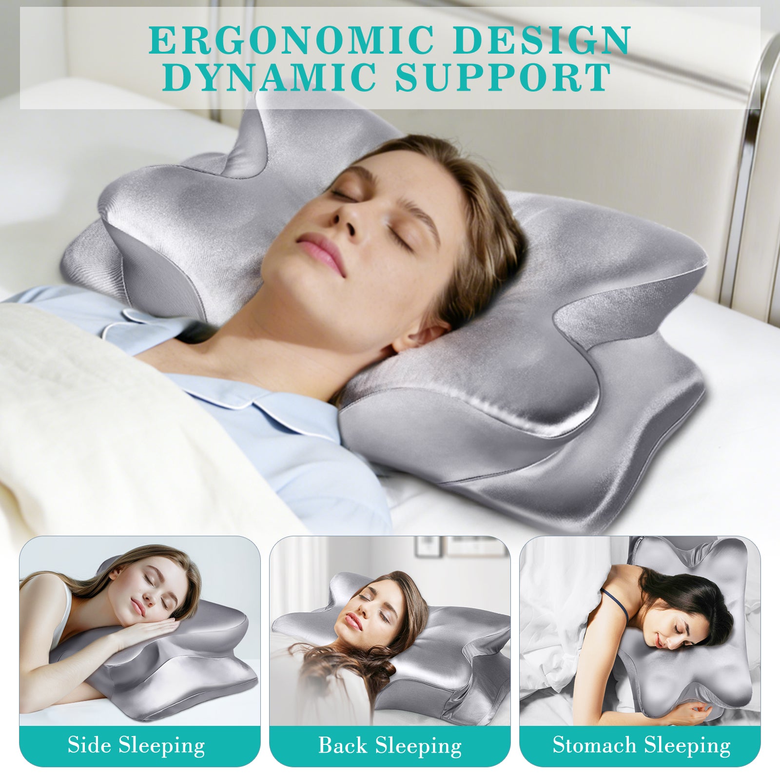 CCidea Cervical Neck Pillow for Sleeping, Ergonomic Memory Foam Neck Support Pillow with Dual Height, CCidea Cooling Satin Breathable Pillowcase,Contour Pillow for Side Back Stomach Sleepers, Odorless