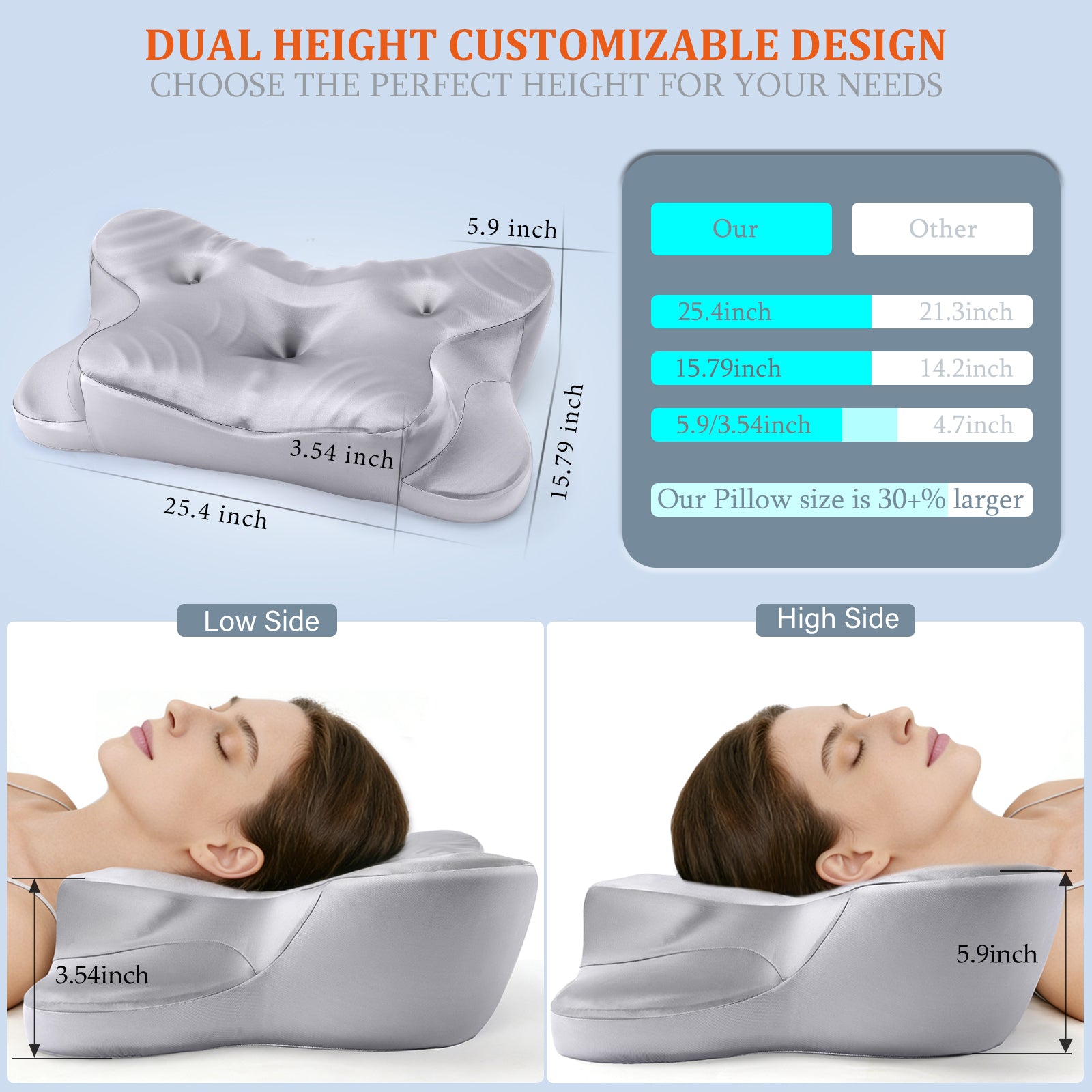 CCidea Dual Ear Relief Zone Contour Pillow, Ice Silk Satin Cervical Memory Foam Pillow for Sleeping, Ergonomic Neck Support for Side, Back & Stomach Sleepers