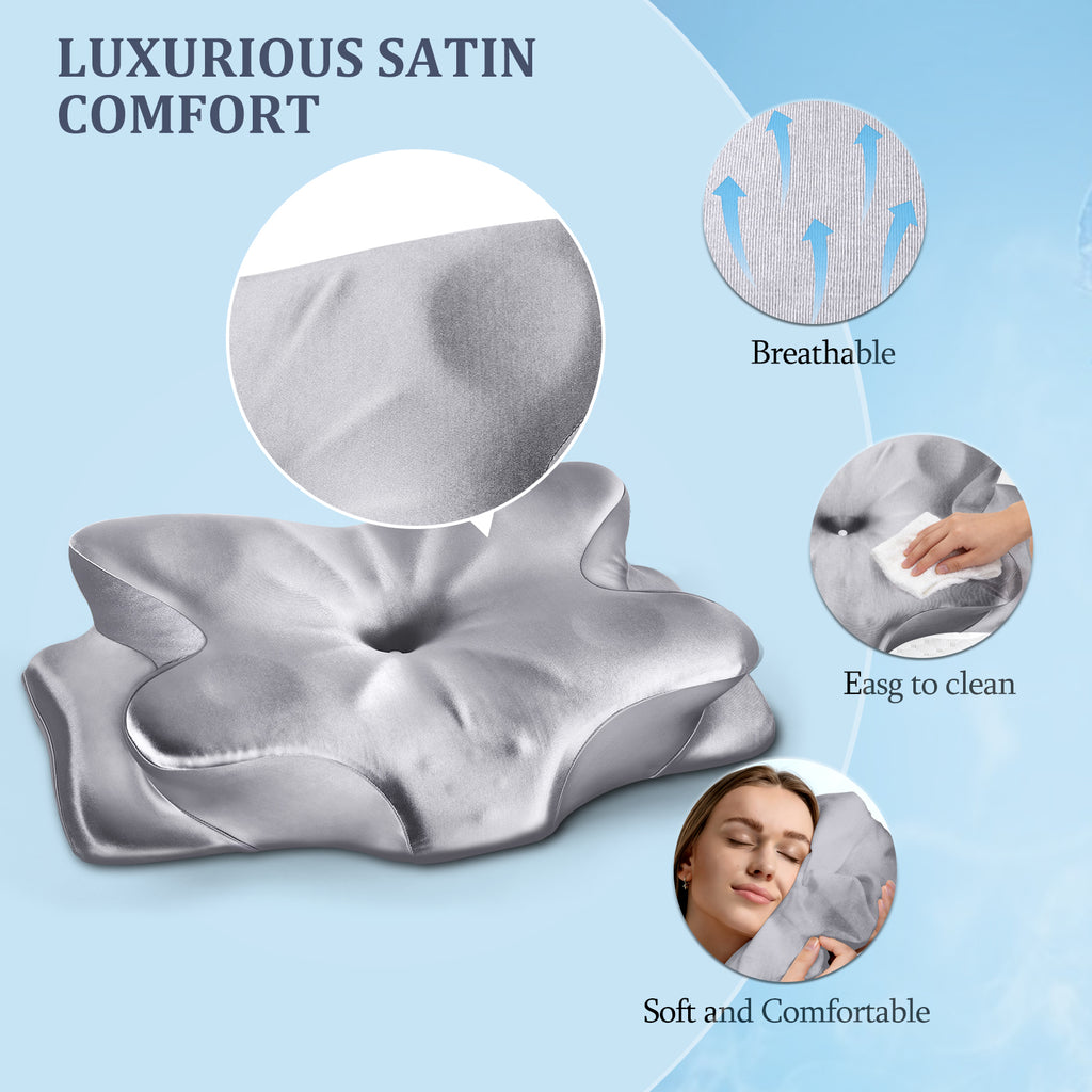 CCidea Cervical Neck Pillow for Sleeping, Ergonomic Memory Foam Neck Support Pillow with Dual Height, CCidea Cooling Satin Breathable Pillowcase,Contour Pillow for Side Back Stomach Sleepers, Odorless