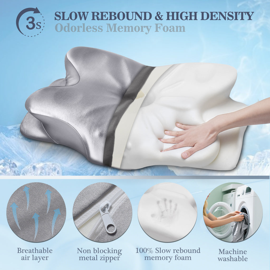 CCidea Cervical Neck Pillow for Sleeping, Ergonomic Memory Foam Neck Support Pillow with Dual Height, CCidea Cooling Satin Breathable Pillowcase,Contour Pillow for Side Back Stomach Sleepers, Odorless