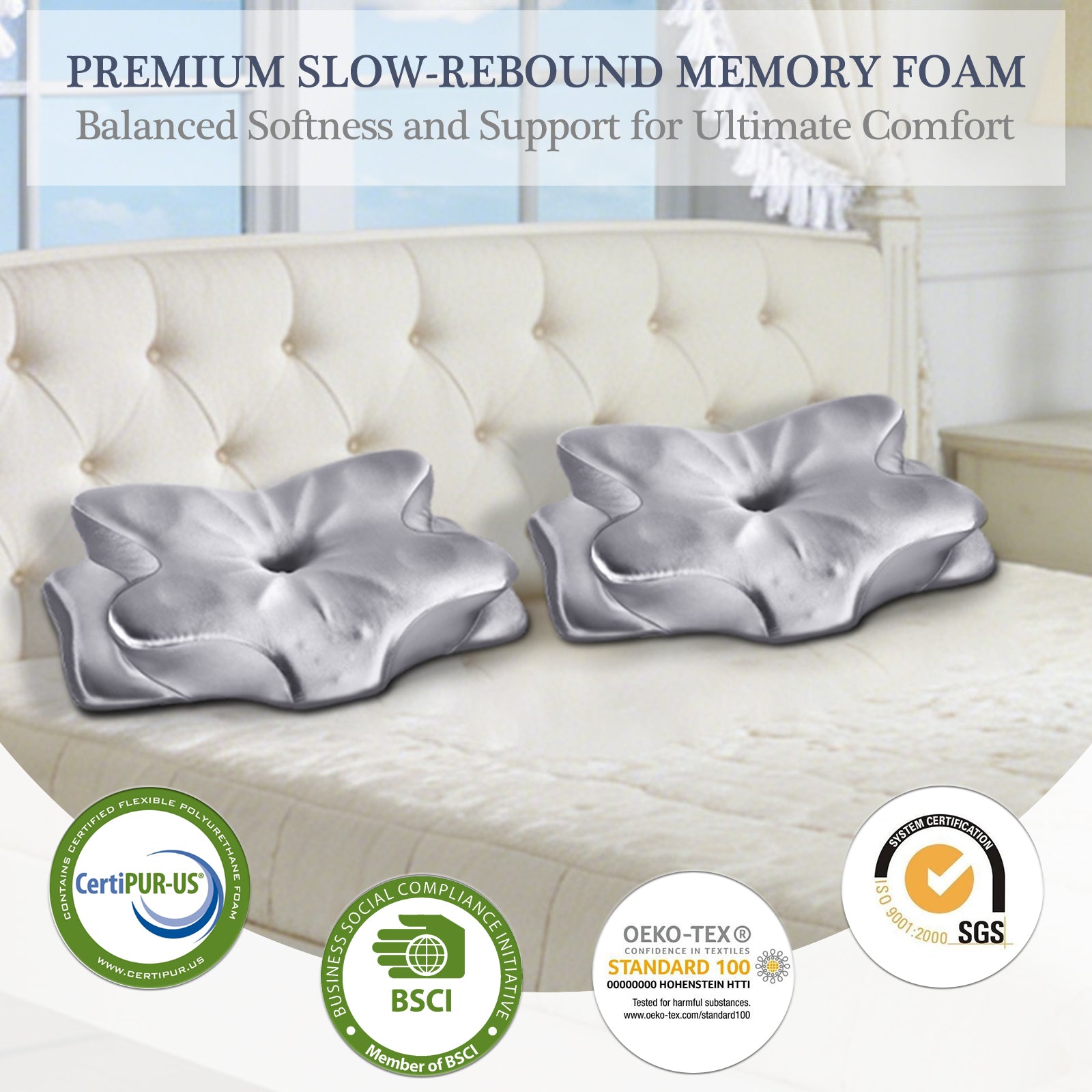 CCidea Cervical Neck Pillow for Sleeping, Ergonomic Memory Foam Neck Support Pillow with Dual Height, CCidea Cooling Satin Breathable Pillowcase,Contour Pillow for Side Back Stomach Sleepers, Odorless