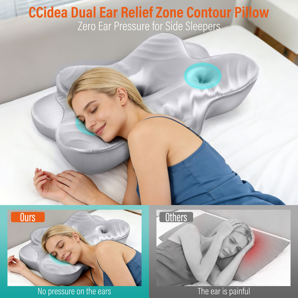 CCidea Dual Ear Relief Zone Contour Pillow, Ice Silk Satin Cervical Memory Foam Pillow for Sleeping, Ergonomic Neck Support for Side, Back & Stomach Sleepers